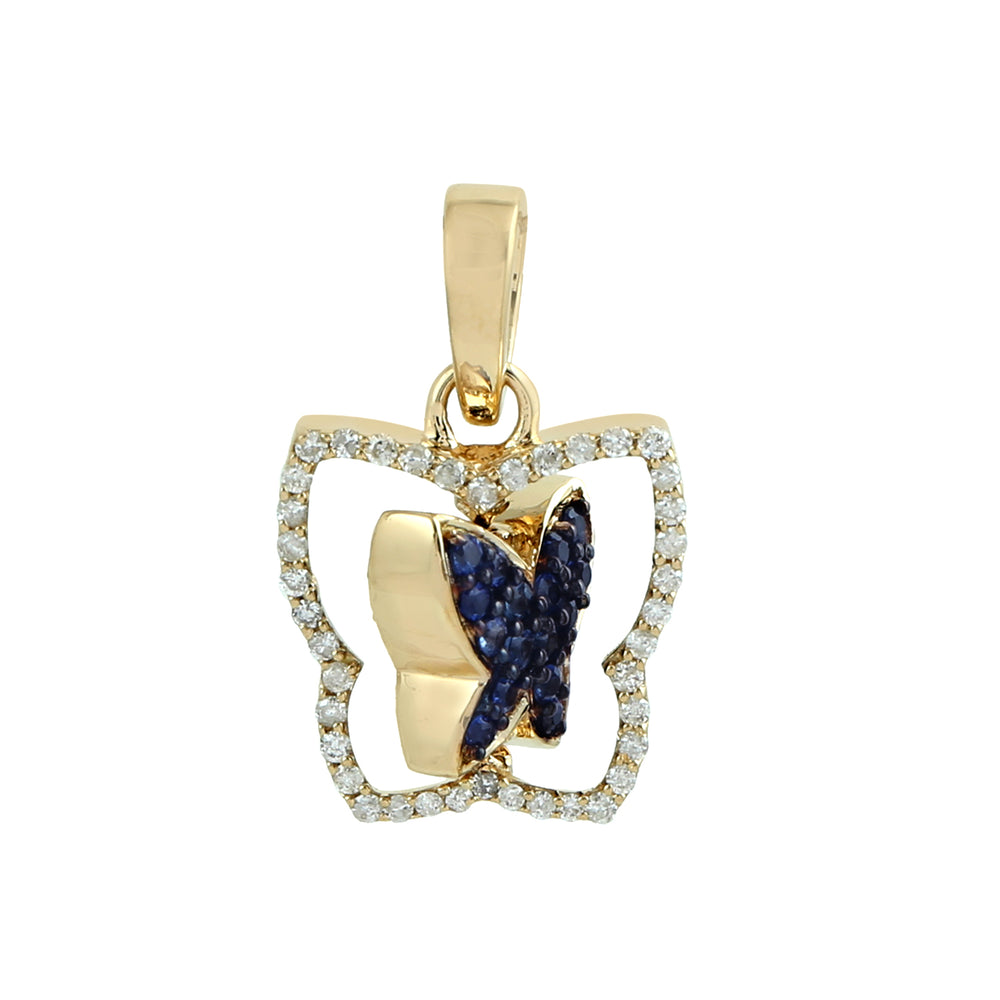 Yellow Gold Pave Blue Sapphire & Black White Diamond Butterfly Twisted Pendant