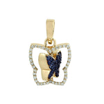 Yellow Gold Pave Blue Sapphire & Black White Diamond Butterfly Twisted Pendant