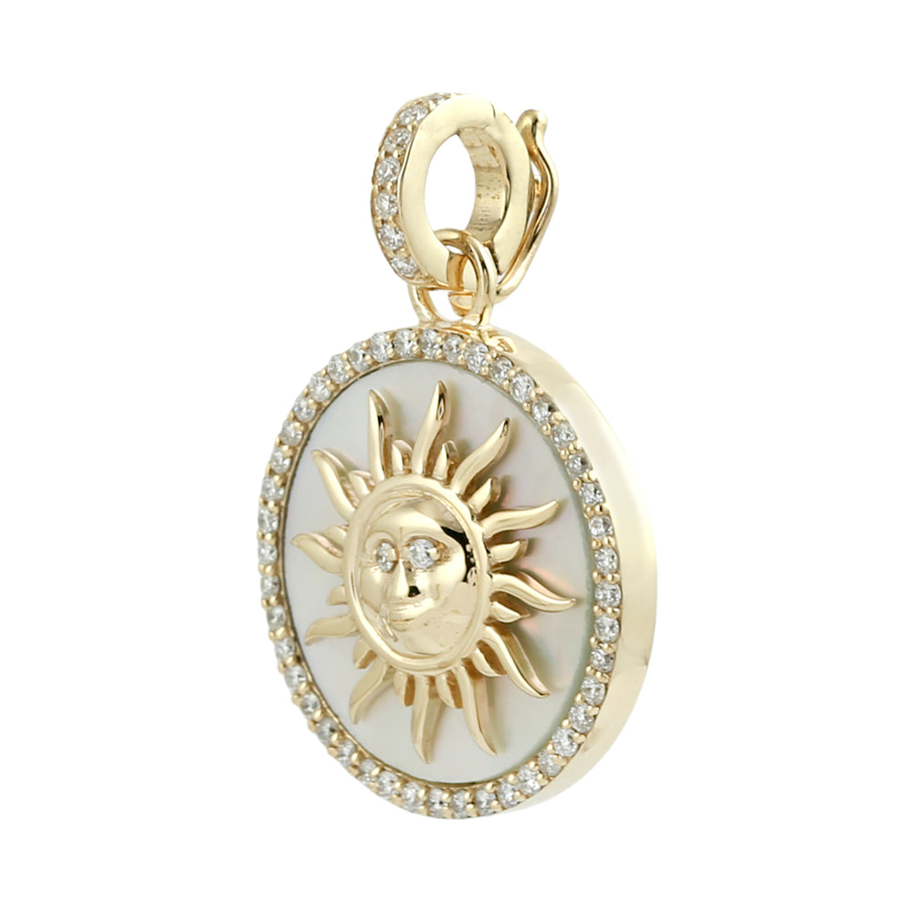 Fancy Cut MOP Pave Diamond Sun Charm Pendant In 14K Yellow Gold For Gifts