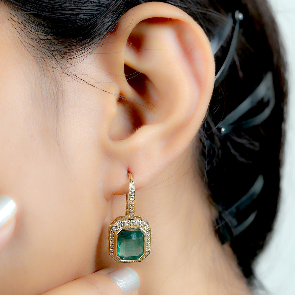 18K Yellow Gold Natural Emerald Pave Diamond Designer Dangler Ear Hook Jewelry For Birthday Gifts