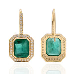 18K Yellow Gold Natural Emerald Pave Diamond Designer Dangler Ear Hook Jewelry For Birthday Gifts