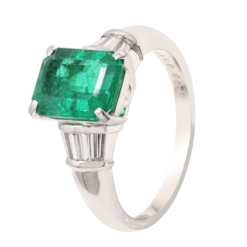 Emerald Cut Emerald Natural Tapered Diamond Cocktail Ring Made In 18K White Gold