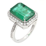 18K White Gold Solitaire Ring Emerald Cut Emerald May Birthstone Pave Diamond Jewelry