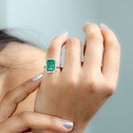 18K White Gold Solitaire Ring Emerald Cut Emerald May Birthstone Pave Diamond Jewelry