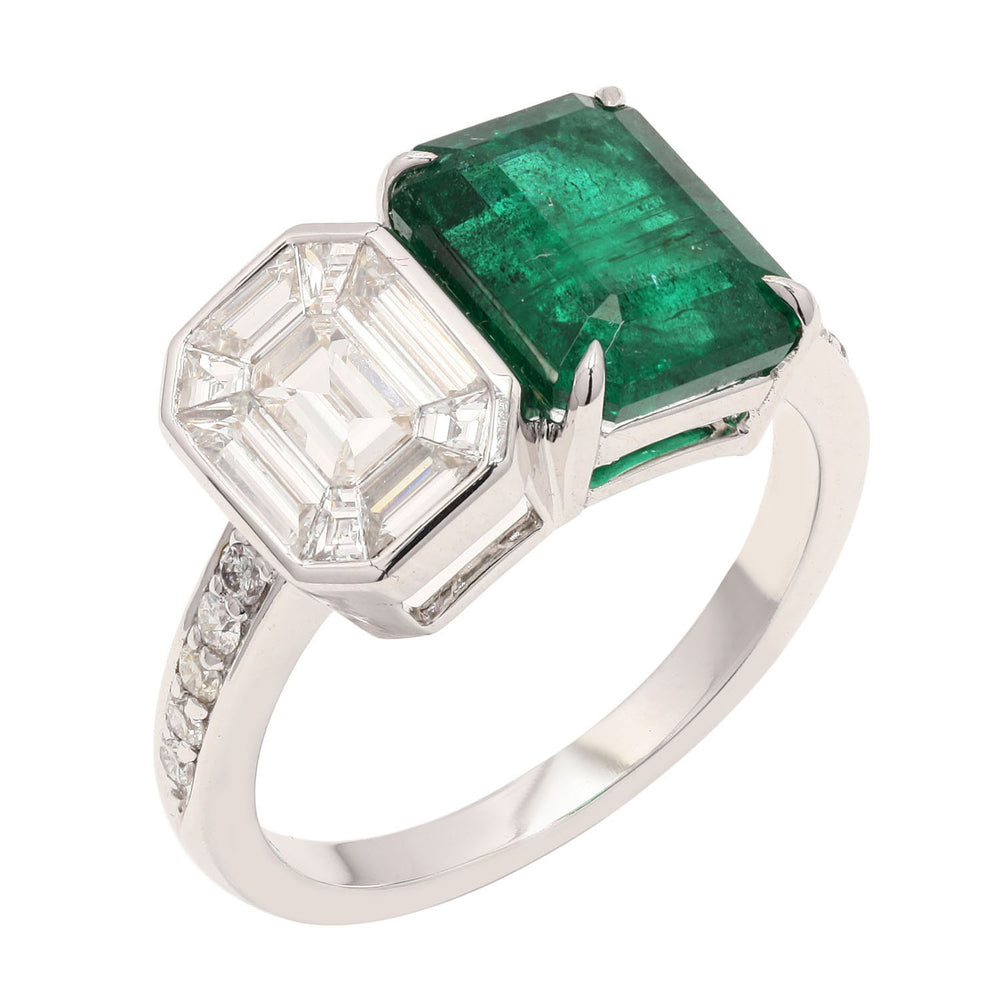 Emerald Cut Emerald Natural Diamond Solitaire Ring 18K White Gold Jewelry For Female