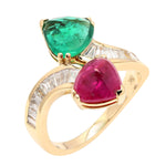 Heart Cut Emerald Ruby Baguette Natural Diamond Bypass Ring In 18K Yellow Gold Jewelry