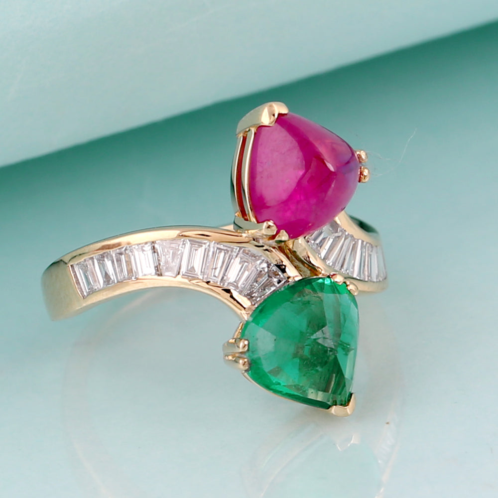 Heart Cut Emerald Ruby Baguette Natural Diamond Bypass Ring In 18K Yellow Gold Jewelry