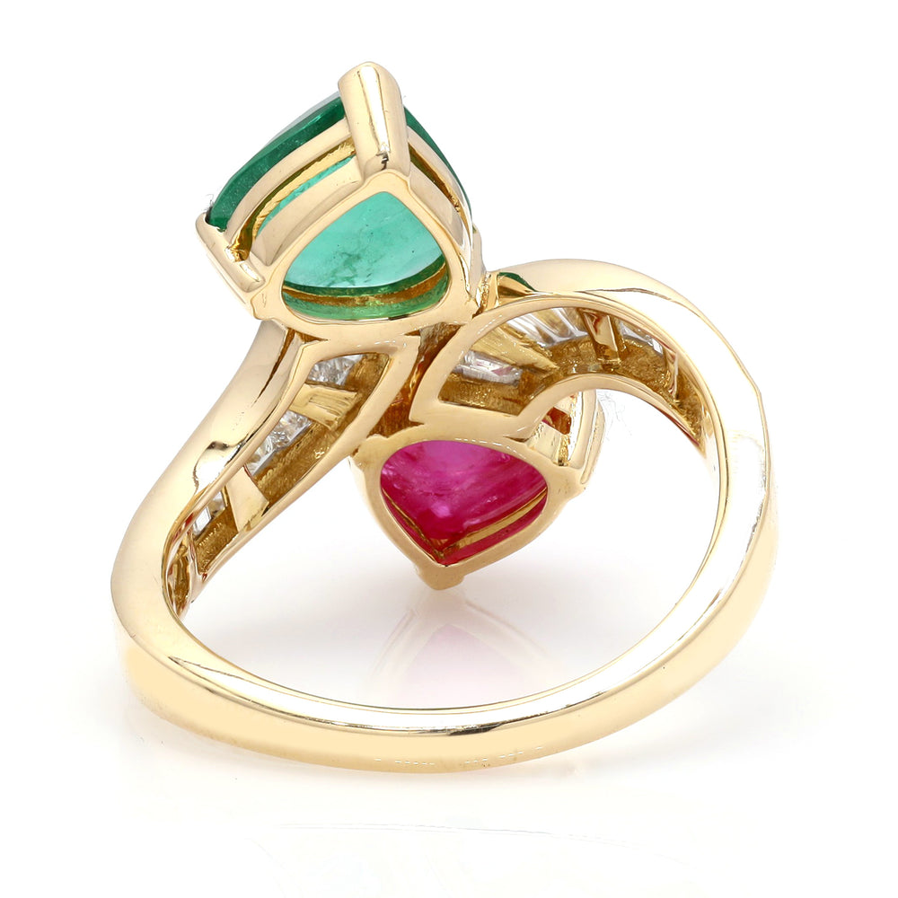 Heart Cut Emerald Ruby Baguette Natural Diamond Bypass Ring In 18K Yellow Gold Jewelry