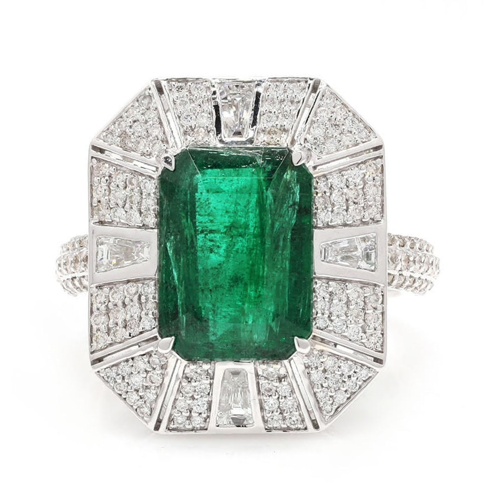 18K White Gold Baguette Diamond Emerald Cut Emerald Engagement Ring For Her