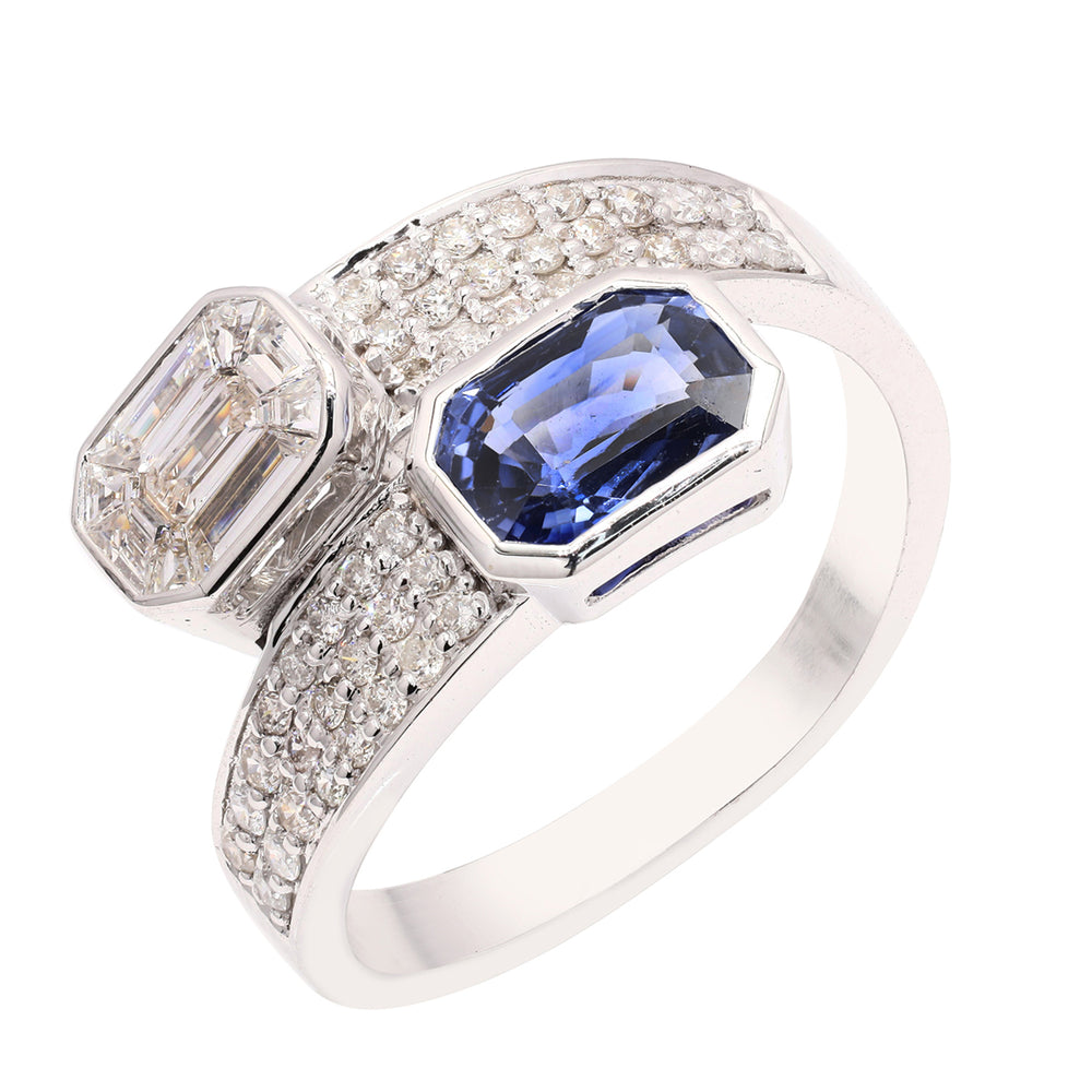 Baguette Blue Sapphire Natural Diamond Bypass Ring For Women's In 18K White Gold Jewelry