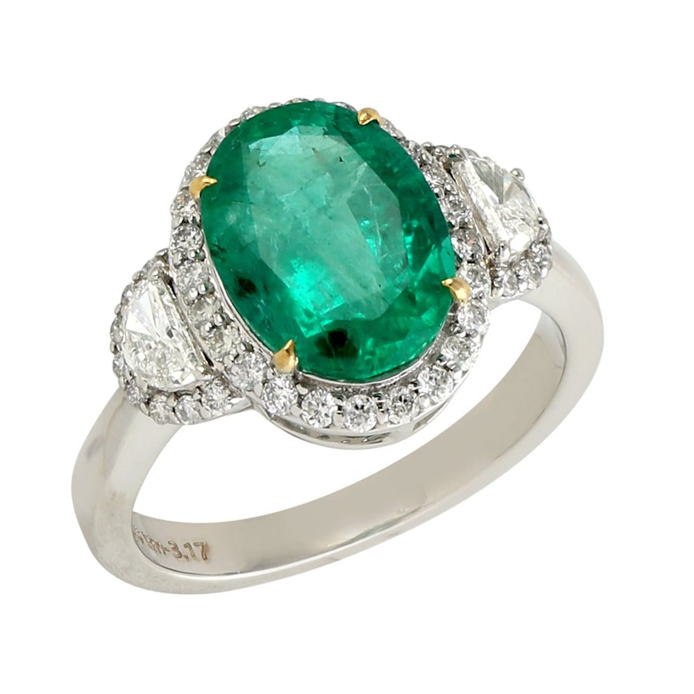 Oval Cut Emerald D Cut Rose Cut Diamond Three Stone Ring In 18K White Gold