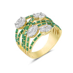 Marquise Diamond Emerald Cross Over Design Wedding Band Ring In Yellow Gold For Sale