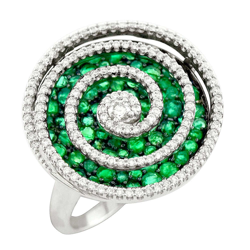 Round Cut Emerald Pave Natural Diamond Designer Ring In 18 White Gold