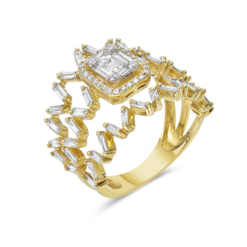 Baguette Diamond Zig Zag Design Cluster Ring In 18k Yellow Gold For Women