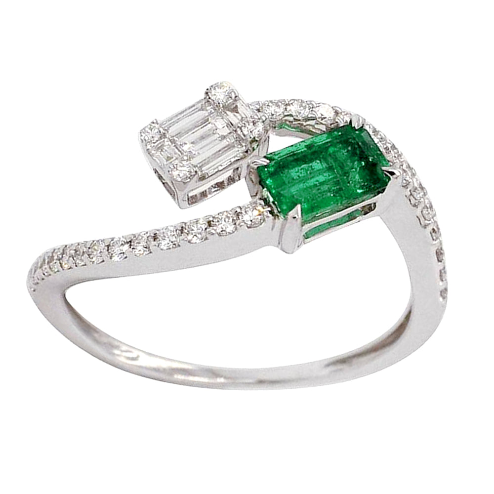 Baguette Emerald Diamond Bypass 18k White Gold Ring For Gift