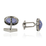 18K Yellow Gold Silver Pave Diamond Oval Tanzanite Cufflinks For Men's