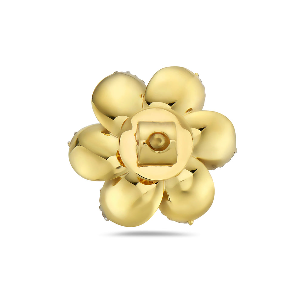 14K Yellow Gold Carved Flower Stud Earrings Natural Diamond For Women