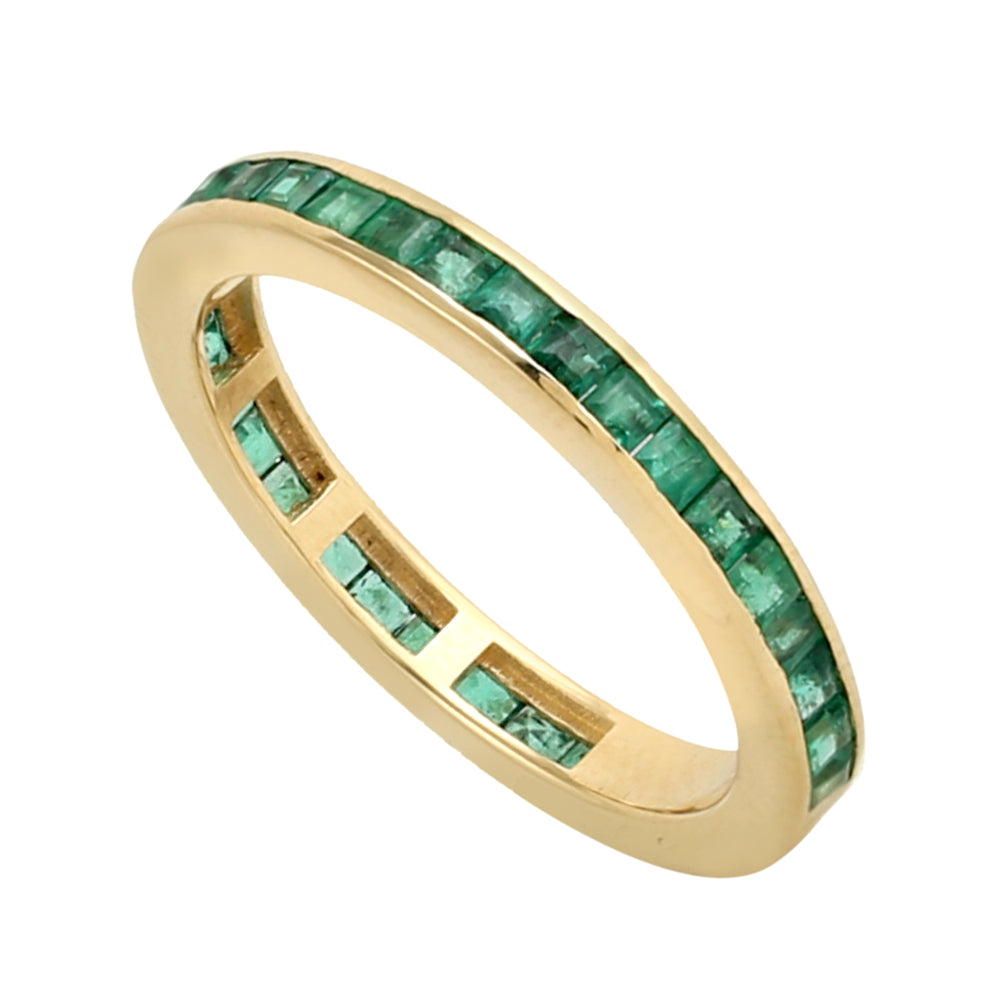 18k Yellow Gold Channel Set Square Cut Emerald Band Ring For Women Jewelry