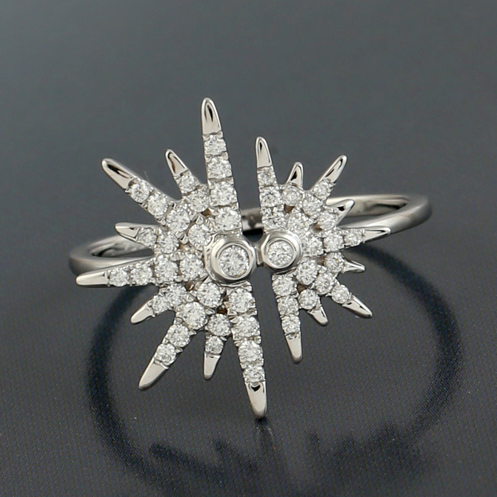 18K White Gold Pave Natural Diamond Starburst Design Ring For Gifts