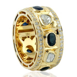 Natural Uncut Diamond Oval Blue Sapphire Bezel Set Band Ring 18K Yellow Gold Jewelry For Gift