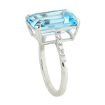 Emerald Cut Blue Topaz Pave Diamond In 18K White Gold Solitaire Ring