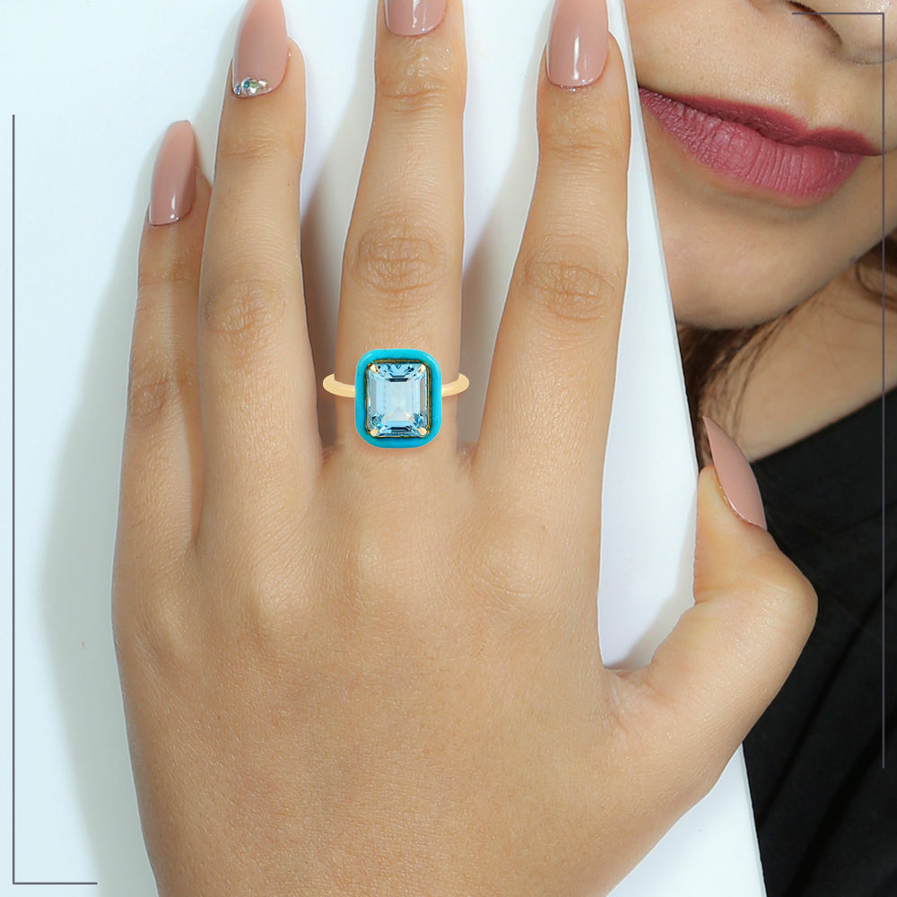 Emerald Cut Blue Topaz Enamel Solitaire Ring In Yellow Gold Gift For Her