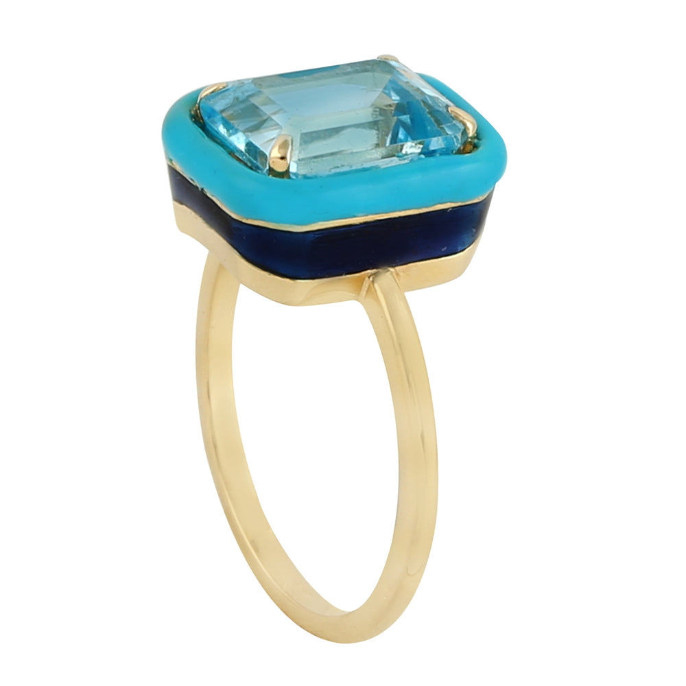 Emerald Cut Blue Topaz Enamel Solitaire Ring In Yellow Gold Gift For Her