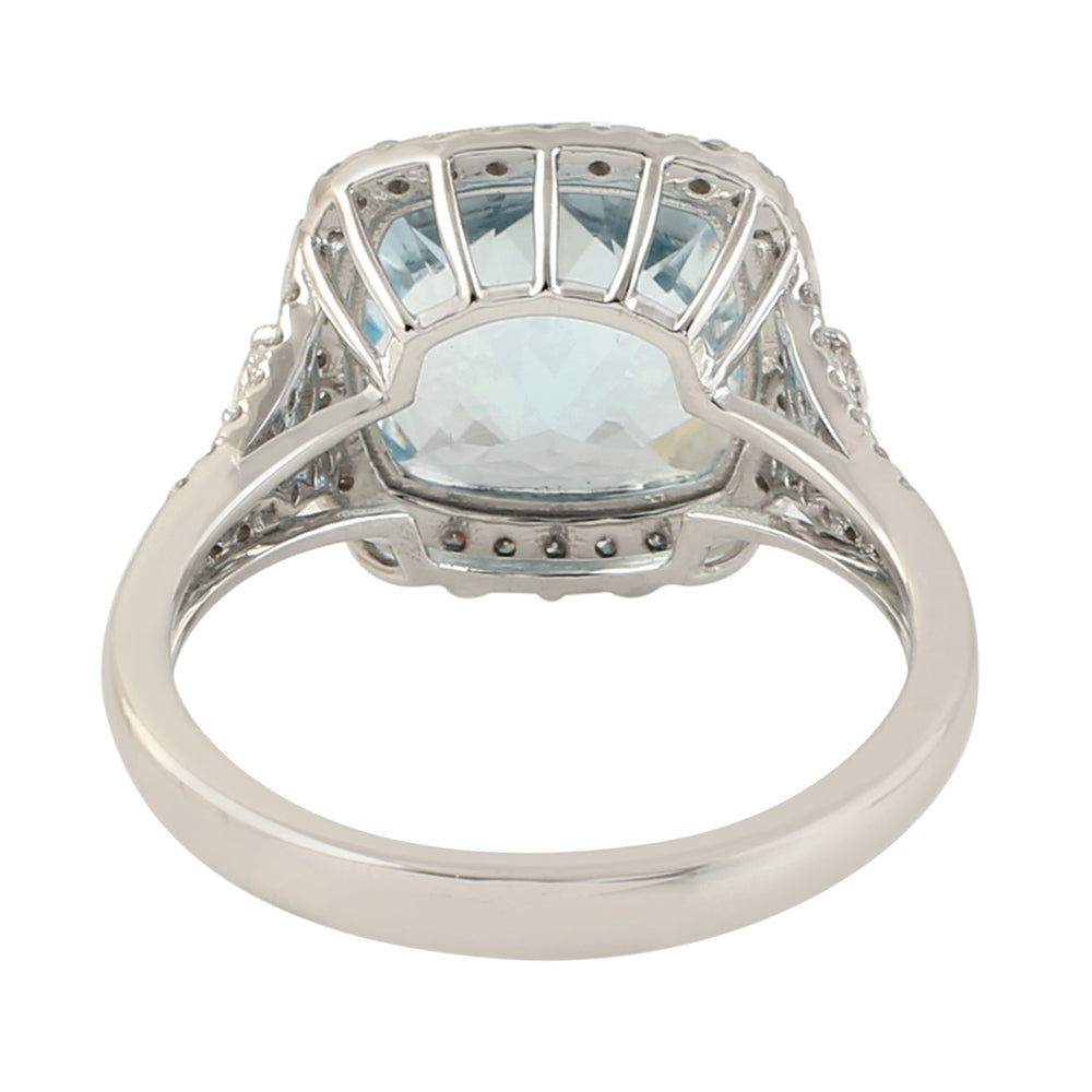 Cushion Cut Aquamarine Natural Pave Diamond Cocktail Ring Jewelry in 18k White Gold