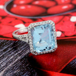 Emerald Cut Natural Aquamarine Pave Diamond Cocktail Ring Jewelry In 18k White Gold