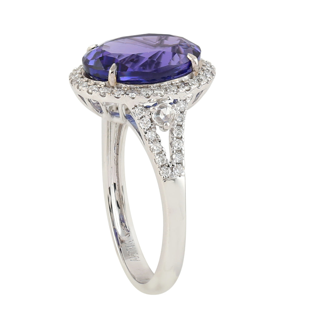 Prong Set Oval Cut Tanzanite Pave Diamond Solitaire Ring In 18k White Gold