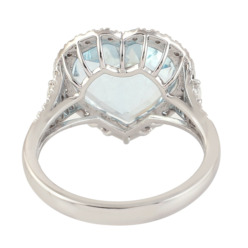Aquamarine Pave Diamond Accent Heart Shape Solitaire Ring In 18K White Gold