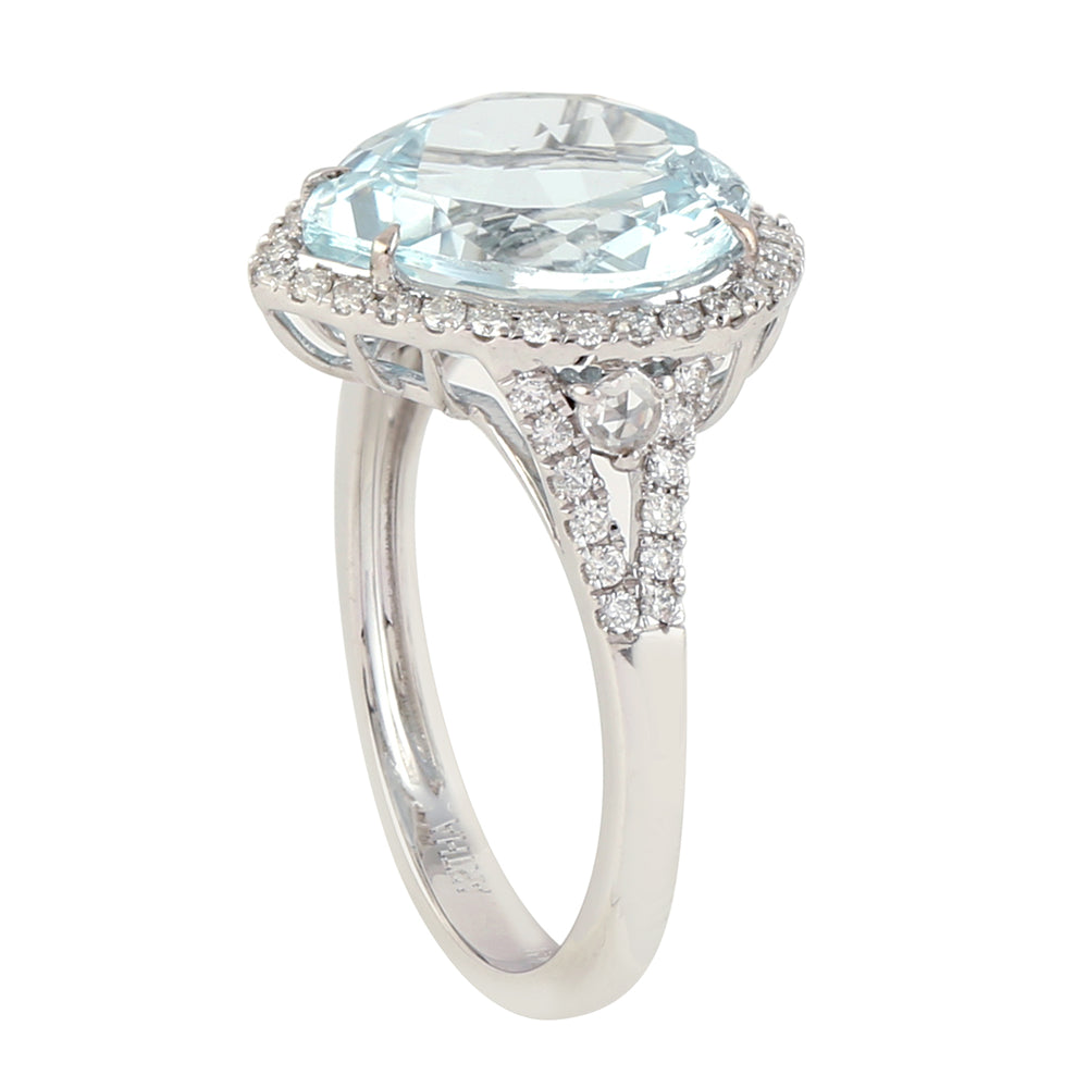 Aquamarine Pave Diamond Accent Heart Shape Solitaire Ring In 18K White Gold