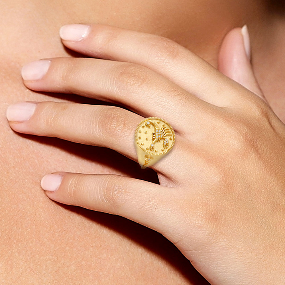14k Yellow Gold Scorpio Zodiac Signet Ring With Studded Diamond