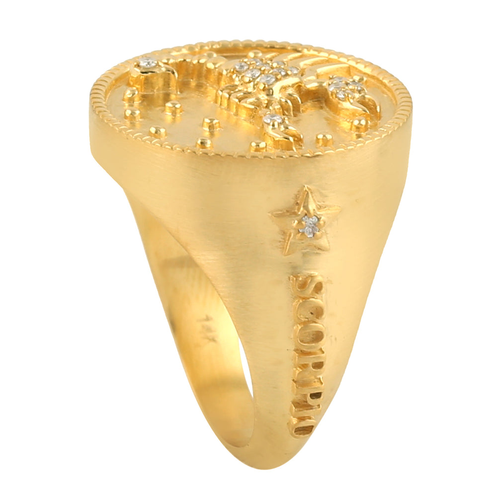 14k Yellow Gold Scorpio Zodiac Signet Ring With Studded Diamond