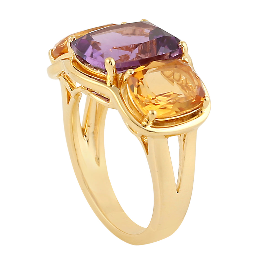 Cushion Cut Amethyst Prong Citrine Handmade Three Stone Ring In 18k Yellow Gold Gift