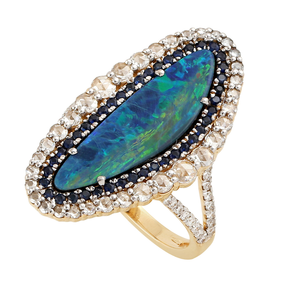 Faceted Blue Sapphire Diamond Trillion Opal Doublet 18k Yellow Gold Handmade Ring Jewelry For Her