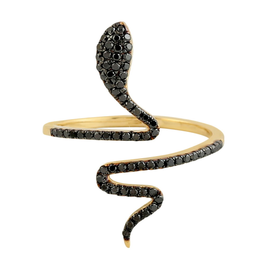 Natural Black Diamond Spiral Snake Ring In 18K Yellow Gold