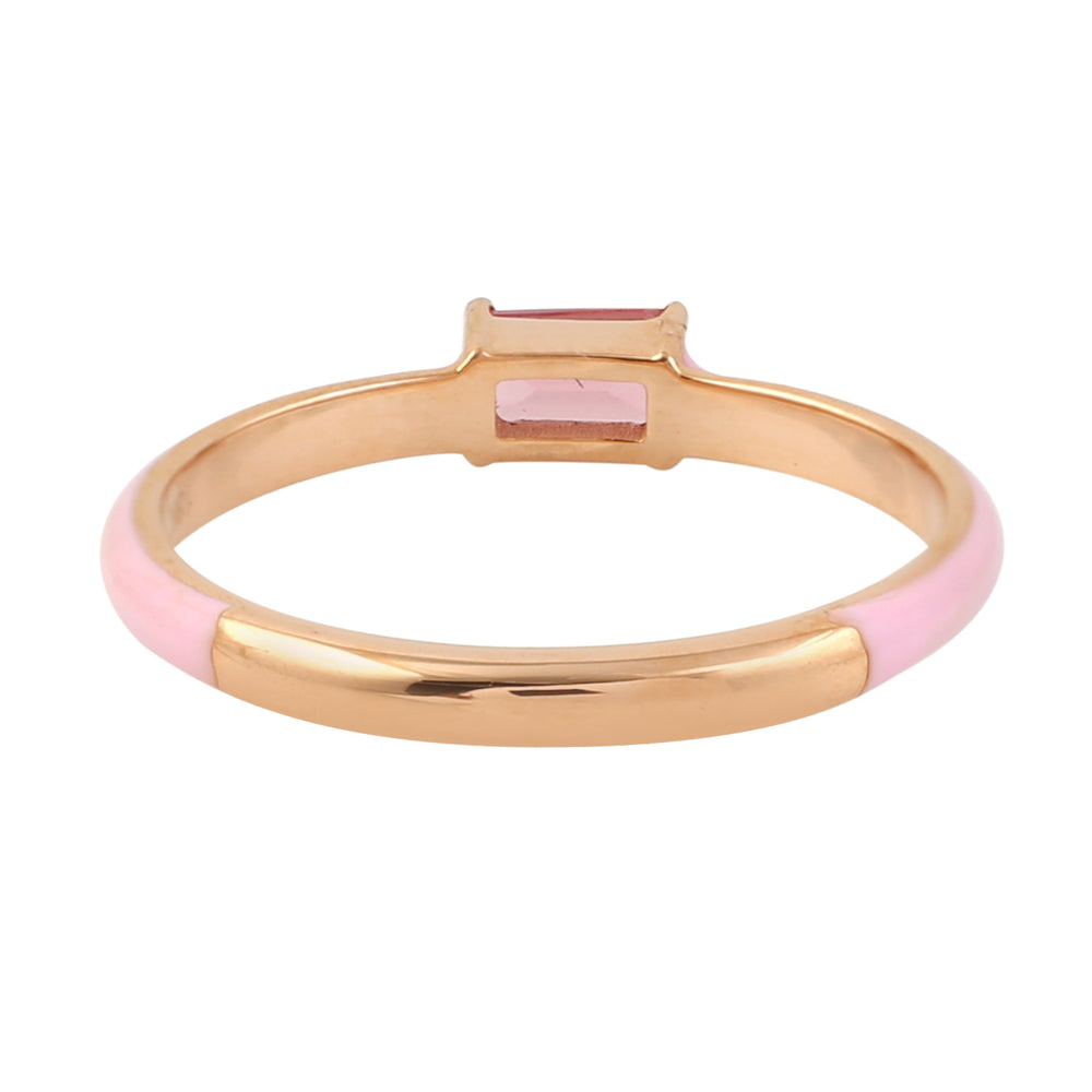 Baguette Cut Pink Tourmaline Enamel Delicate Ring In 18k Rose Gold