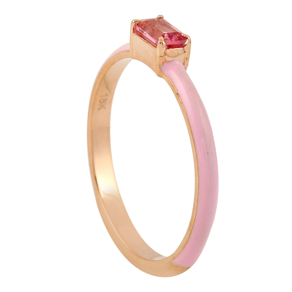 Baguette Cut Pink Tourmaline Enamel Delicate Ring In 18k Rose Gold