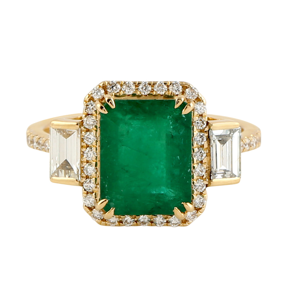 Natural Baguette Diamond Emerald Three Stone Accent Ring 18k Yellow Gold Designer Ring