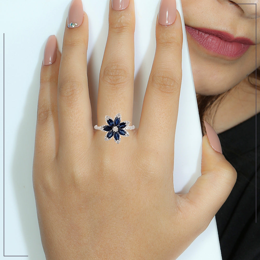 Marquise Blue Sapphire September Birthstone Pave Diamond Daisy Ring in 18k White Gold