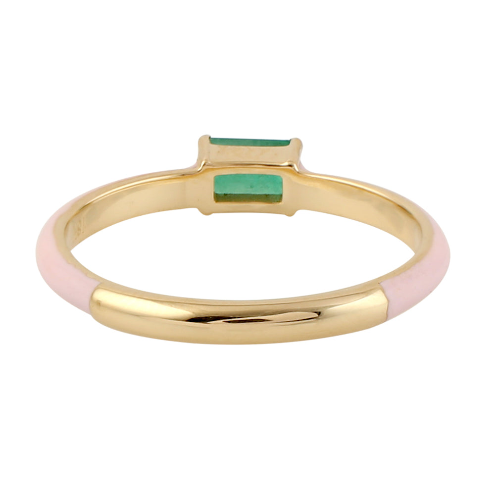 Baguette Emerald May Birthstone Enamel Stone Band Ring In 14k Yellow Gold