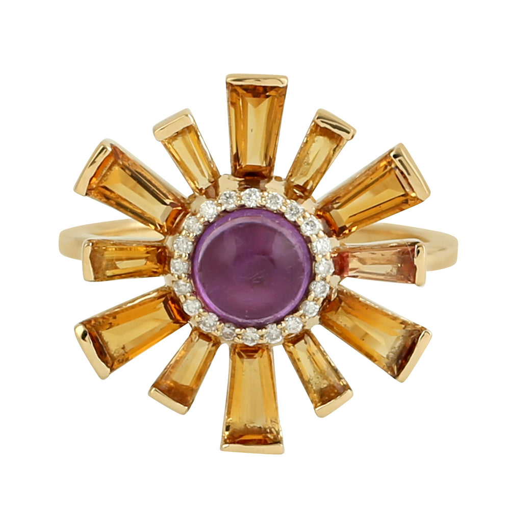 Tapered Baguette Citrine Round Amethyst Pave Diamond Sunburst Ring 18k Yellow Gold