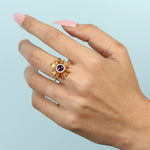 Tapered Baguette Citrine Round Amethyst Pave Diamond Sunburst Ring 18k Yellow Gold