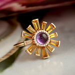 Tapered Baguette Citrine Round Amethyst Pave Diamond Sunburst Ring 18k Yellow Gold