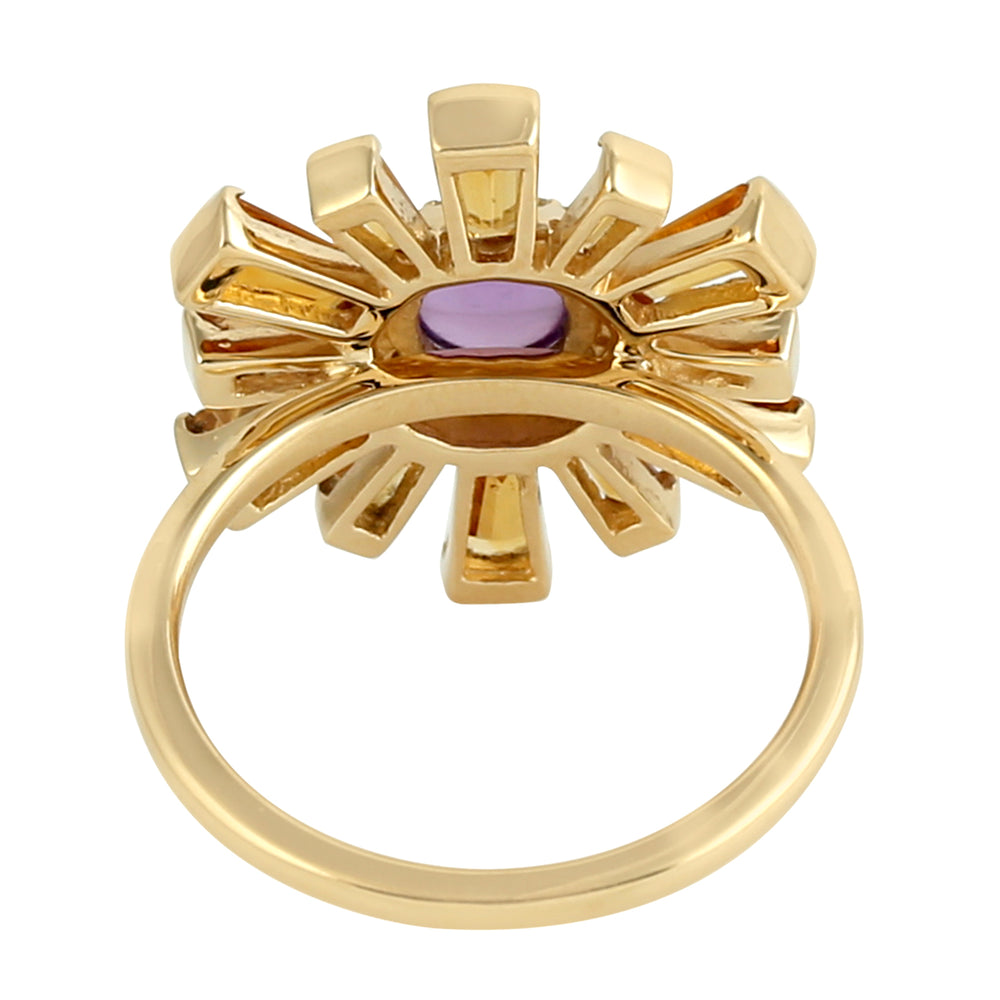 Tapered Baguette Citrine Round Amethyst Pave Diamond Sunburst Ring 18k Yellow Gold