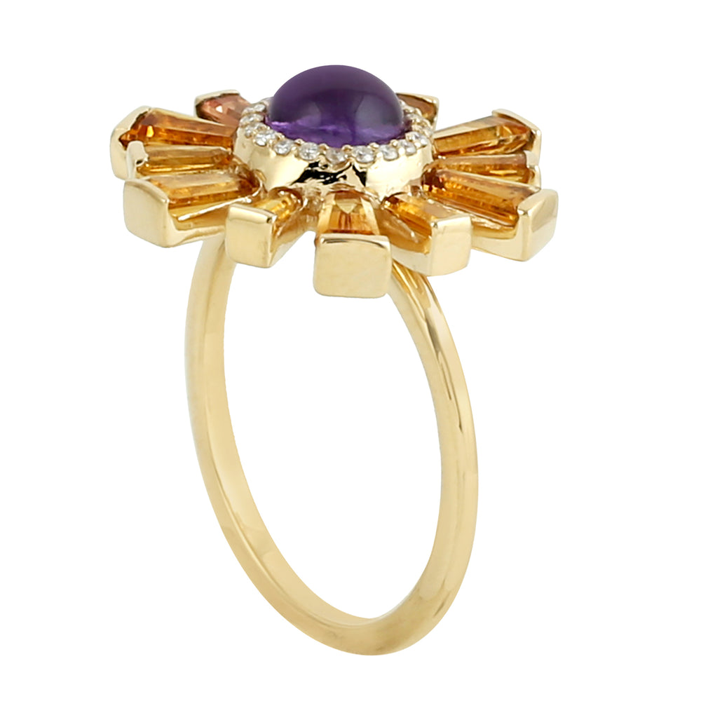 Tapered Baguette Citrine Round Amethyst Pave Diamond Sunburst Ring 18k Yellow Gold