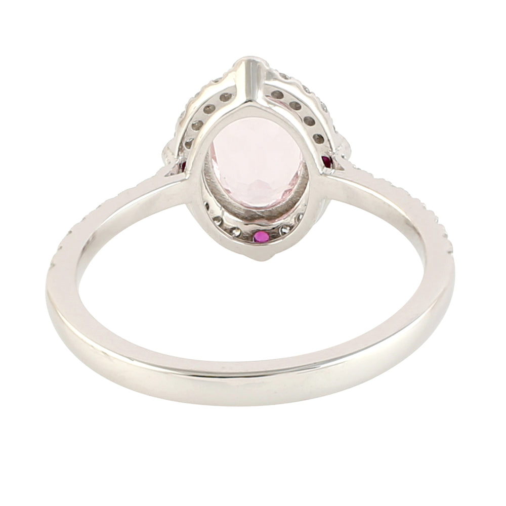 Oval Morganite Bezel Ruby Pave Diamond Designer Ring In 18k White Gold For Her