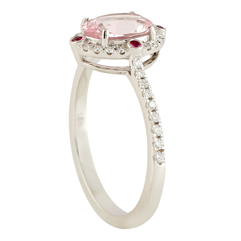 Oval Morganite Bezel Ruby Pave Diamond Designer Ring In 18k White Gold For Her