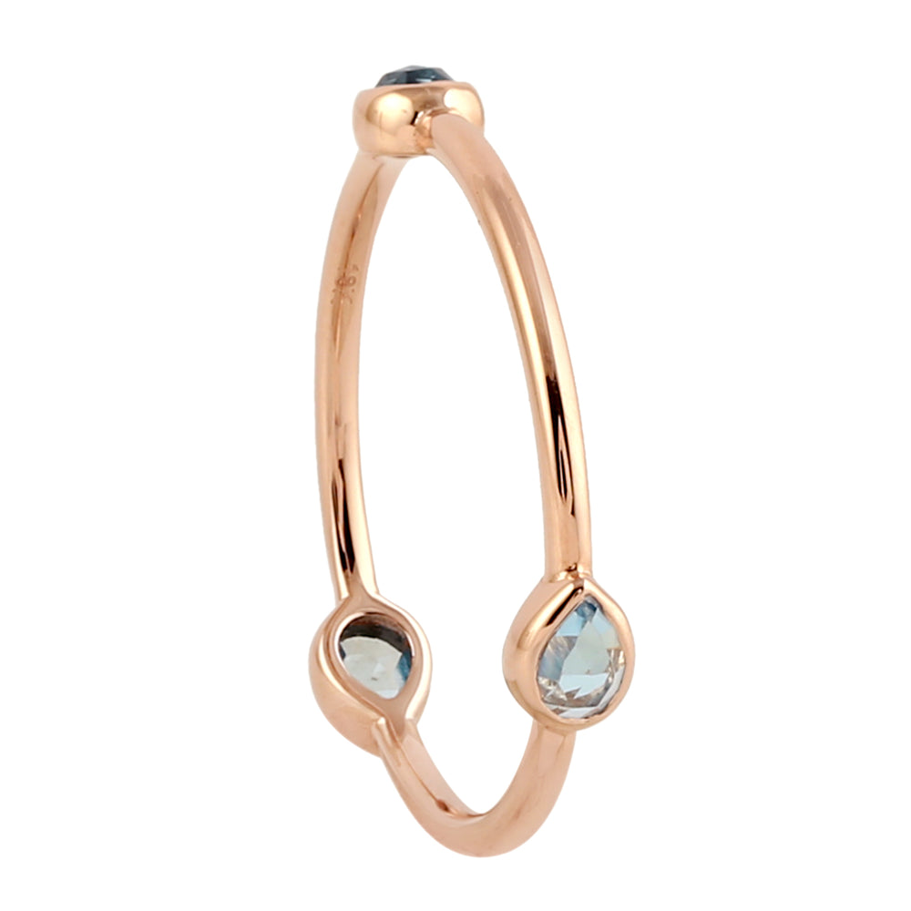 18K Rose Gold Bezel Set Blue Topaz November Birthstone Three Stone Band Ring For Her